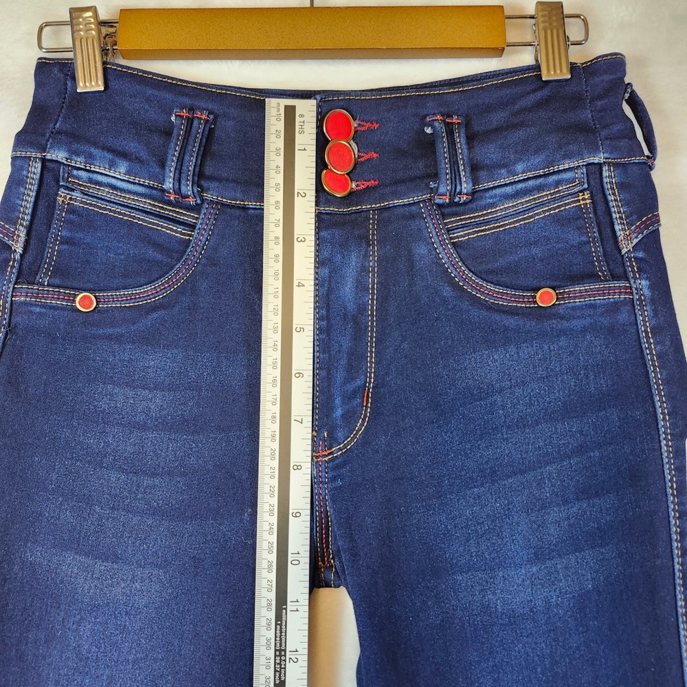 Bon Bon Up Womens High Rise Skinny Jeans Dark Wash Red Button Accents Indigo - Picture 3 of 14